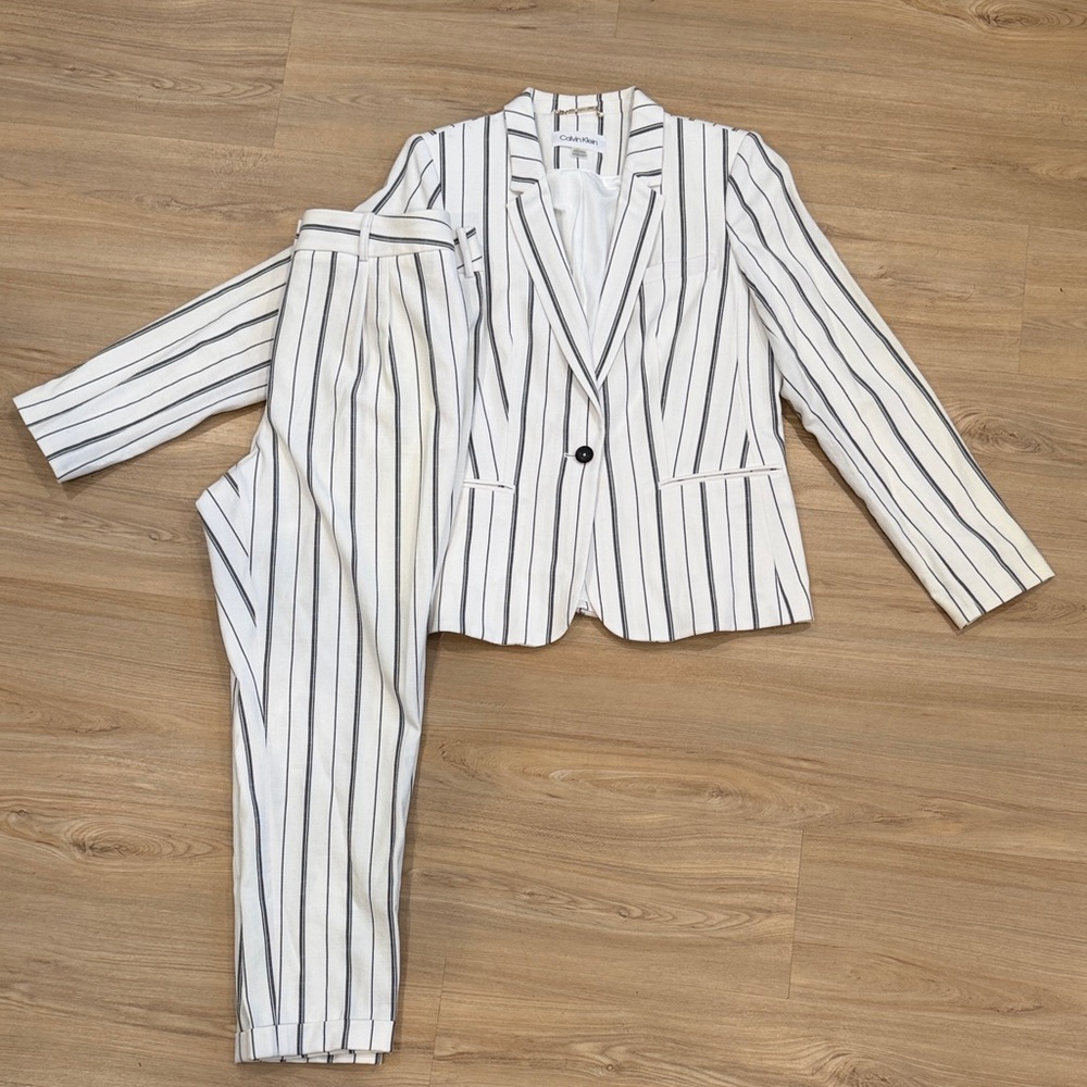 Calvin Klein White Blazer with Black Pinstripes